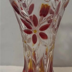 Floral Cut Glass Vase with Red and Yellow Accents